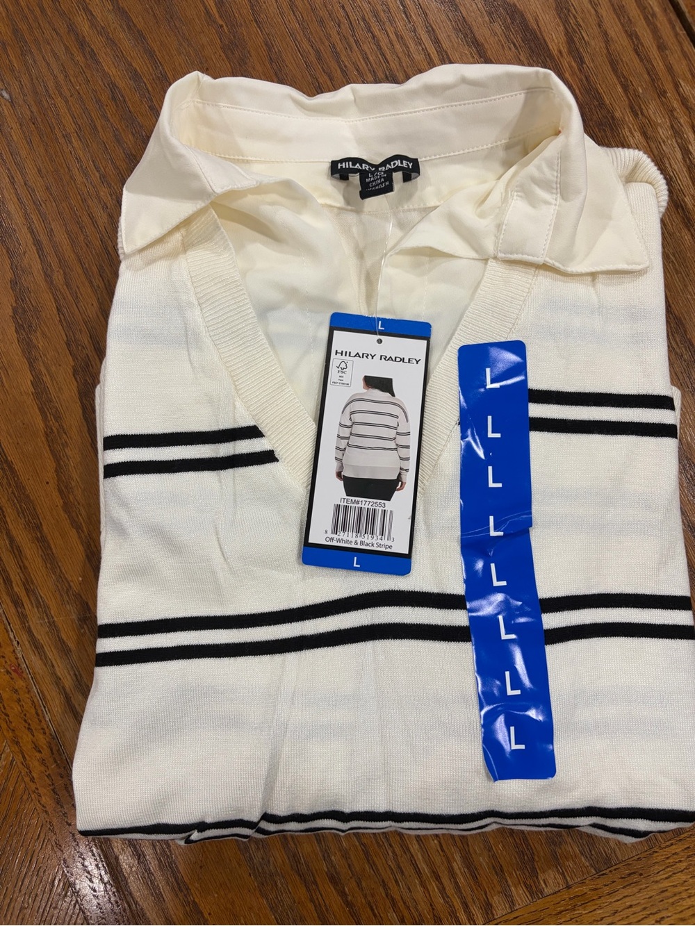 Hilary Radley woman’s Cream V-Neck Sweater with Black Stripes